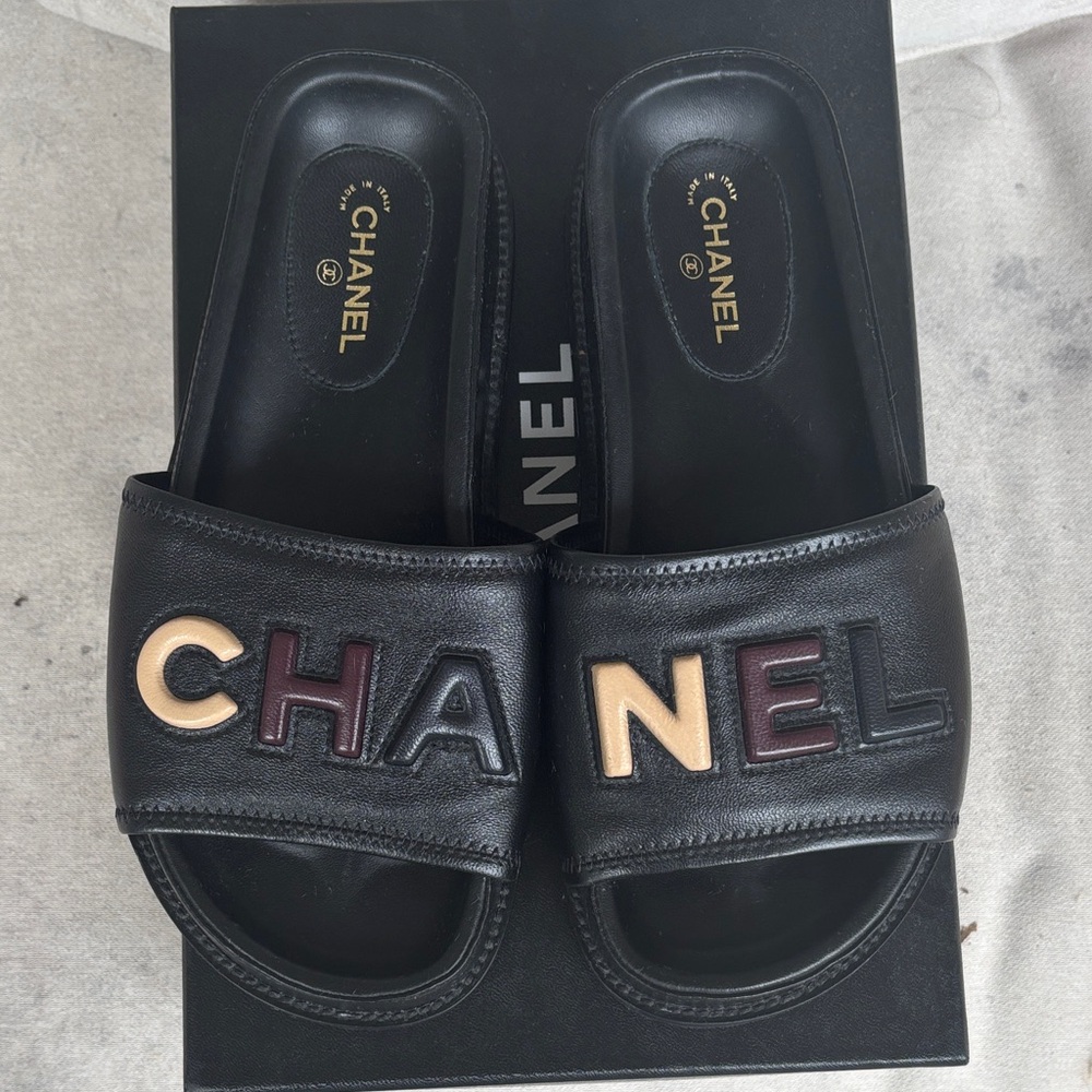 Chanel Black Sandals with Multicolor Logo
